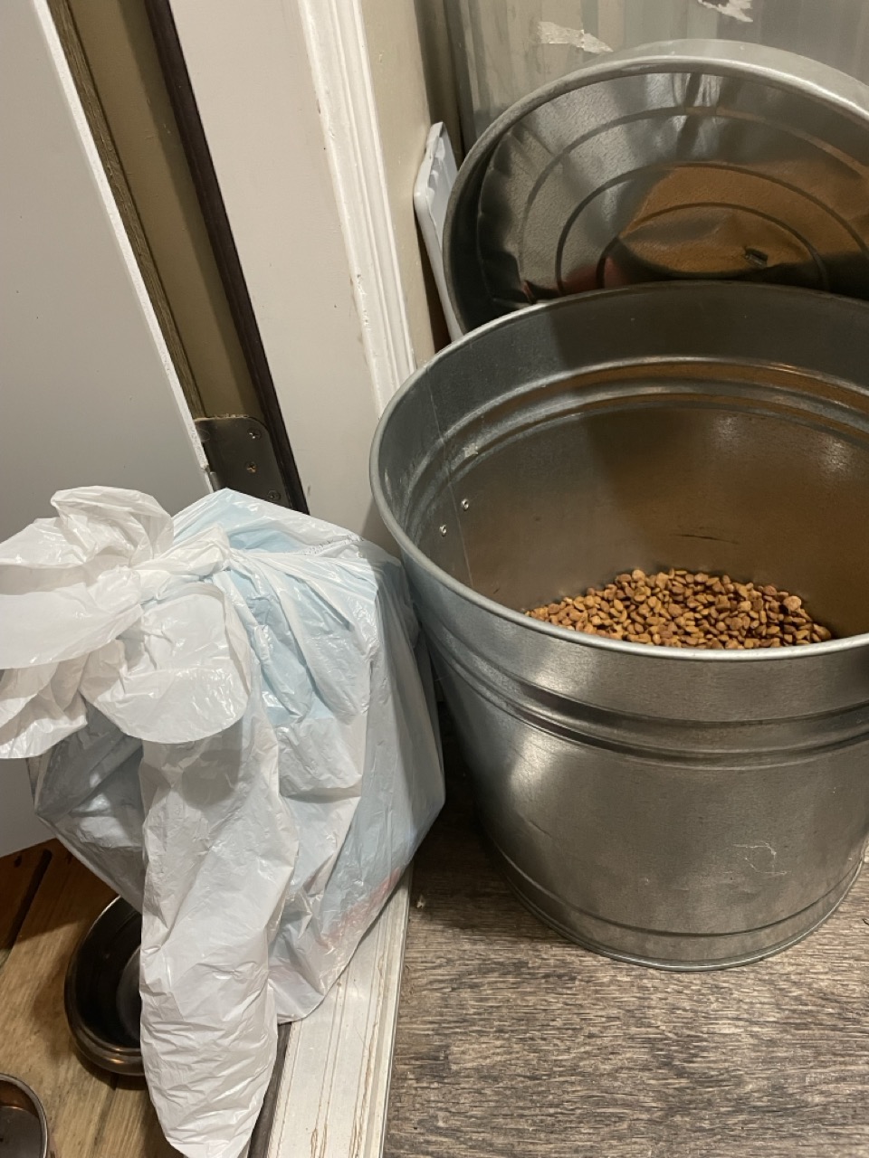 The striking Chipmunk: The picture shows a corner of a room with a wooden floor. There are two large metal buckets stacked inside each other against the wall. The top bucket is filled with what appears to be dry pet food. Next to the buckets, there is a plastic bag with something inside it, but it's not clear what's in the bag. The wall has a light color, and there is a door frame visible with a dark brown color. The room seems to be a storage or utility area.