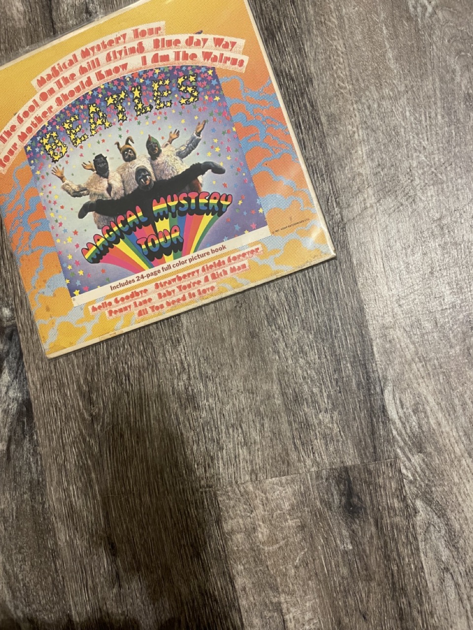 The Secret Netflix Password: The picture shows an album cover of The Beatles' "Magical Mystery Tour" placed on a wooden surface. The album cover is square and has a very colorful and psychedelic design. At the top, there are song titles such as "Magical Mystery Tour", "Blue Jay Way", and "I Am The Walrus". The center of the cover features The Beatles members dressed in animal costumes with their arms spread out. Below them, the words "Magical Mystery Tour" are written in a decorative font. The bottom of the cover mentions that it includes a 24-page full-color picture book. The background of the cover is filled with bright colors, stars, and abstract patterns. The wooden surface on which the album is placed has a dark, rustic texture.