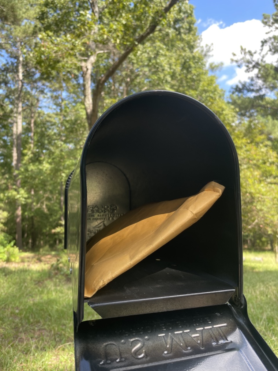 The Tragedy of the Melted Candles: The picture shows a black mailbox with its door open, revealing a couple of items inside. One of the items is a brown padded envelope. The mailbox is situated outdoors, with a background of lush green trees and grass. The sky is visible through the trees and it appears to be a bright day with some clouds. The mailbox has some embossed text at the bottom which appears to be upside down and reads "LN 2".