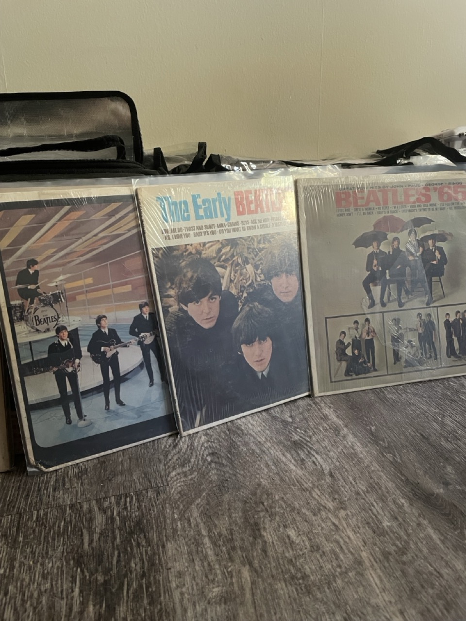 Why Won't They Shut Up?: The picture shows three vinyl records of The Beatles leaning against a wall on a wooden floor. The one on the left is titled "The Early Beatles" and has a picture of the band members playing instruments on a stage. The middle one features close-up images of John Lennon and Paul McCartney's faces. The one on the right is titled "Beatles '65" and has a picture of the band members holding umbrellas. There is also a black bag with a mesh pocket on the left side of the picture.